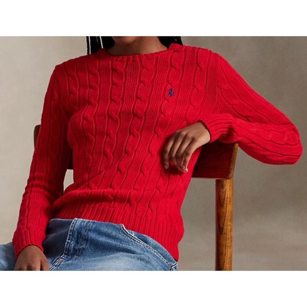 Polo Ralph Lauren Red Cable Knit Cotton Crewneck Sweater Blue Pony XL NEW